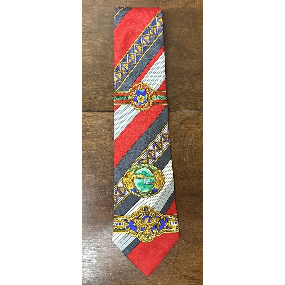 Vintage Leonard Paris Retro Bright Multi-Color Eagle Medallion Geometric Men Tie